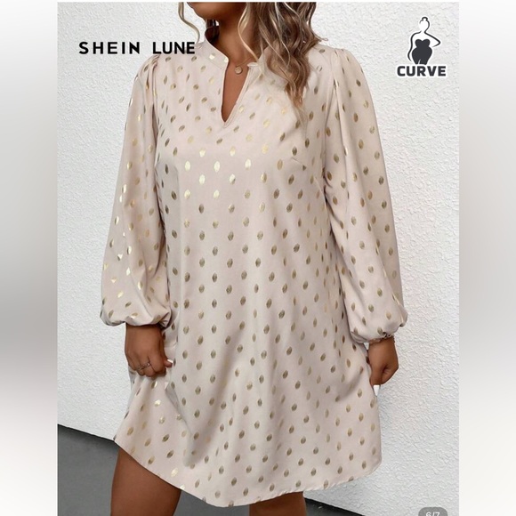 NWT SHEIN LUNE Plus Gold Dot Print Lantern Sleeve Dress - Picture 1 of 6